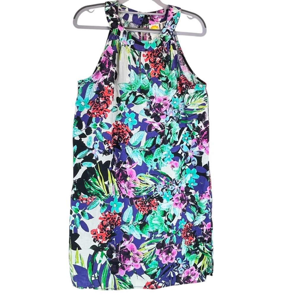 NEW C&C California Dress 100% Linen Colorful Floral Halter Neck S NWT